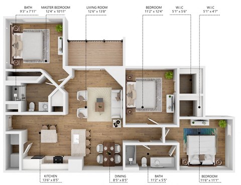 Floor plan for 3 beds, 2 baths, 1262 sqft